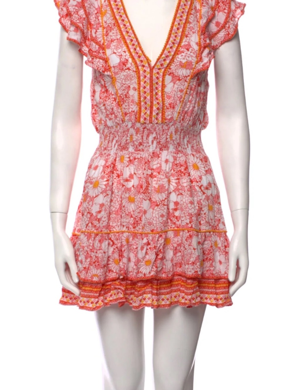 Poupette St. Barth Coral and White Floral V-Neck Smocked Mini Dress